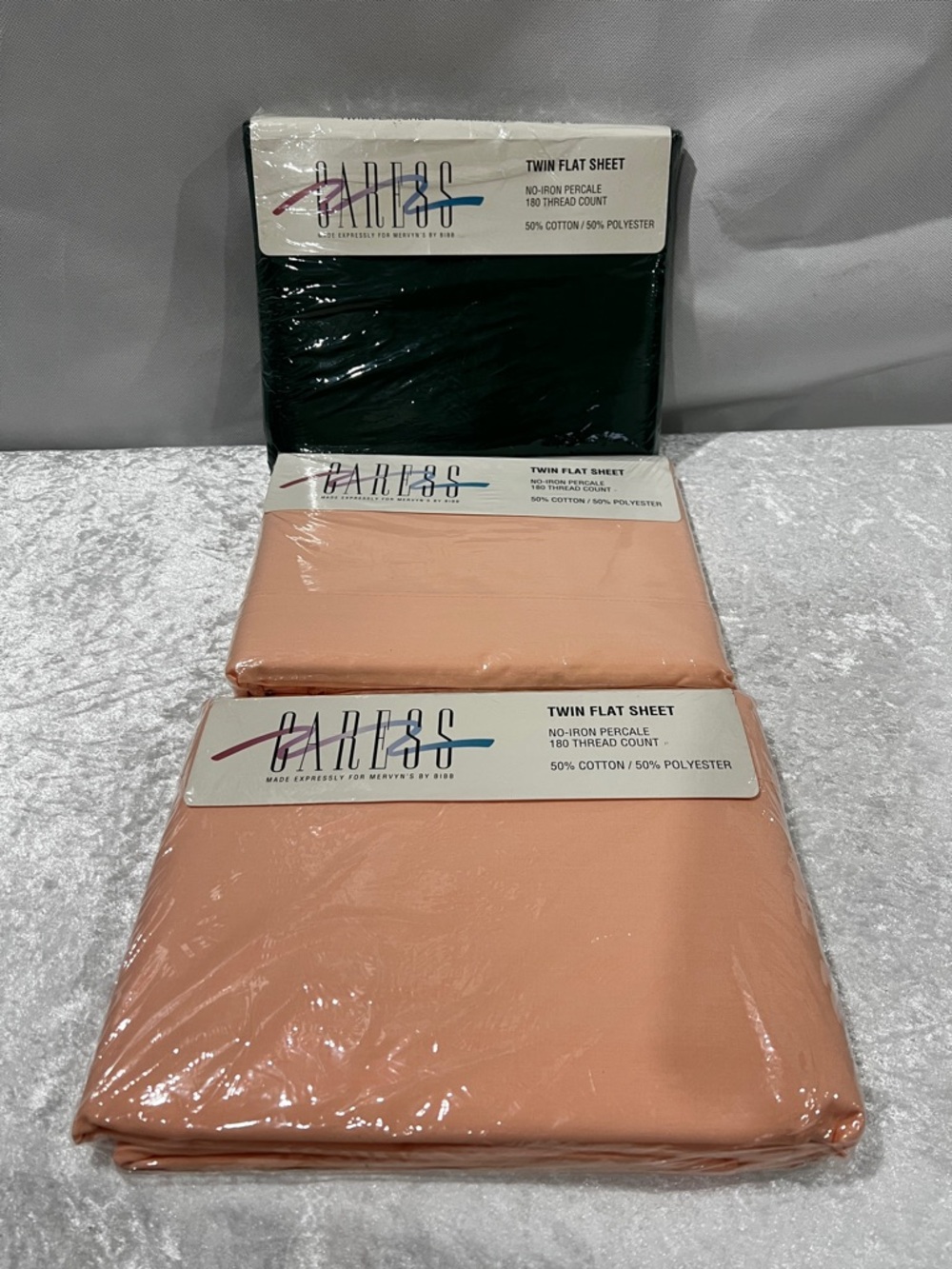 Vintage Sheets Lot  Of 3 CARESS Twin Flat Sheet Green Peach Coral Cotton Blend
